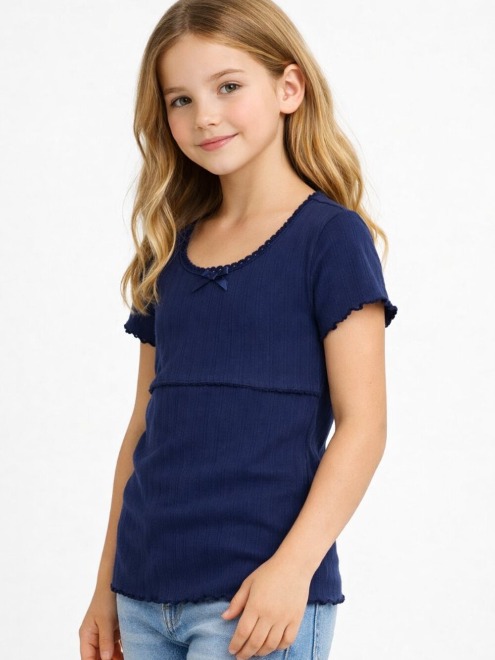art class Girls Navy Ribbed Lace Top Medium 8